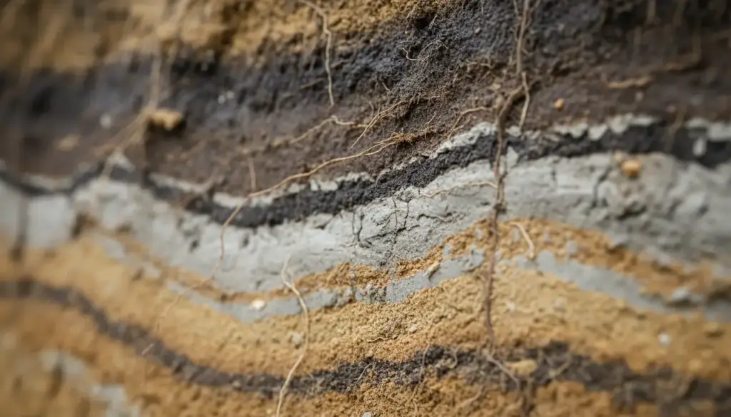 Cross-section of layered glacial soil: dark loam over grey clay and ochre sand