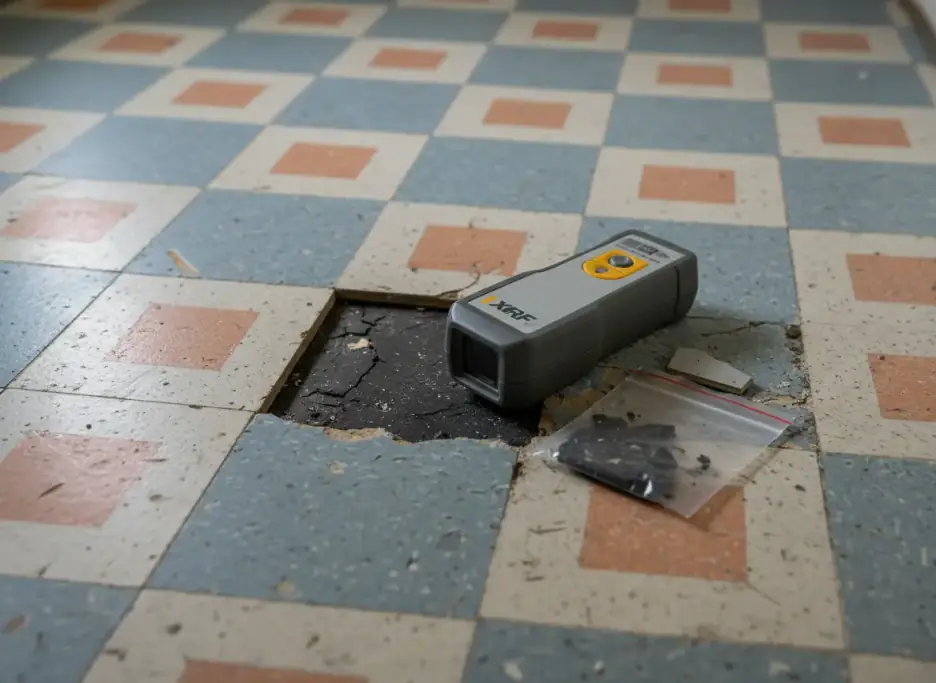 Handheld XRF analyzer resting on a lifted vinyl floor tile with black mastic beneath