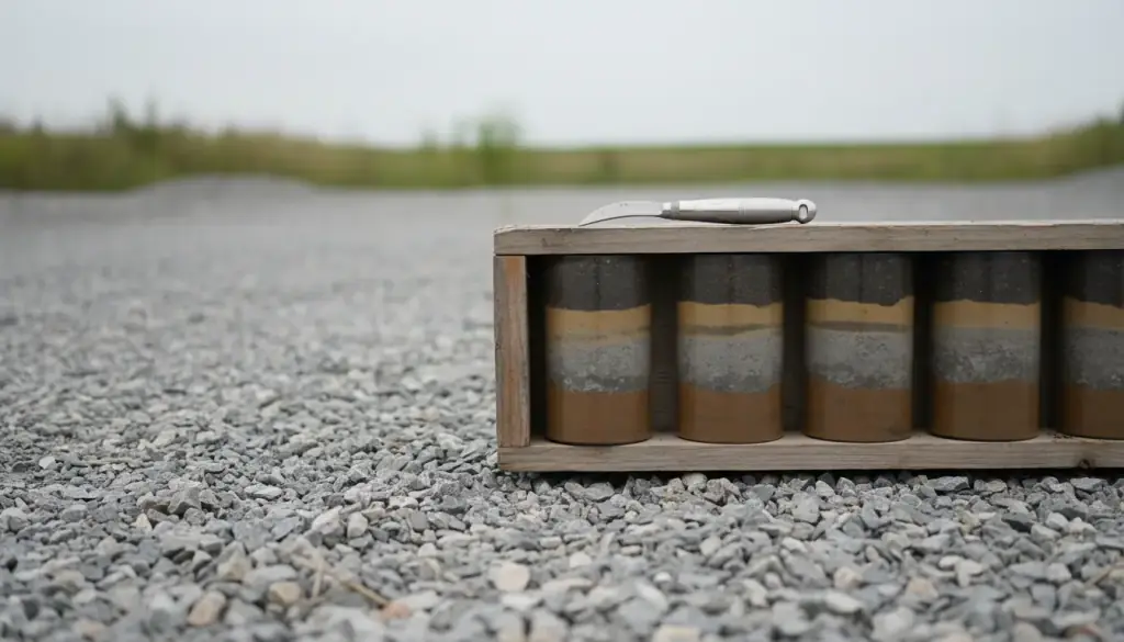 Wooden core box of clear soil-core liners showing layered topsoil, clay, till and sand